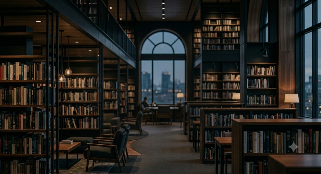 Biblioteca — estanterías y lectura